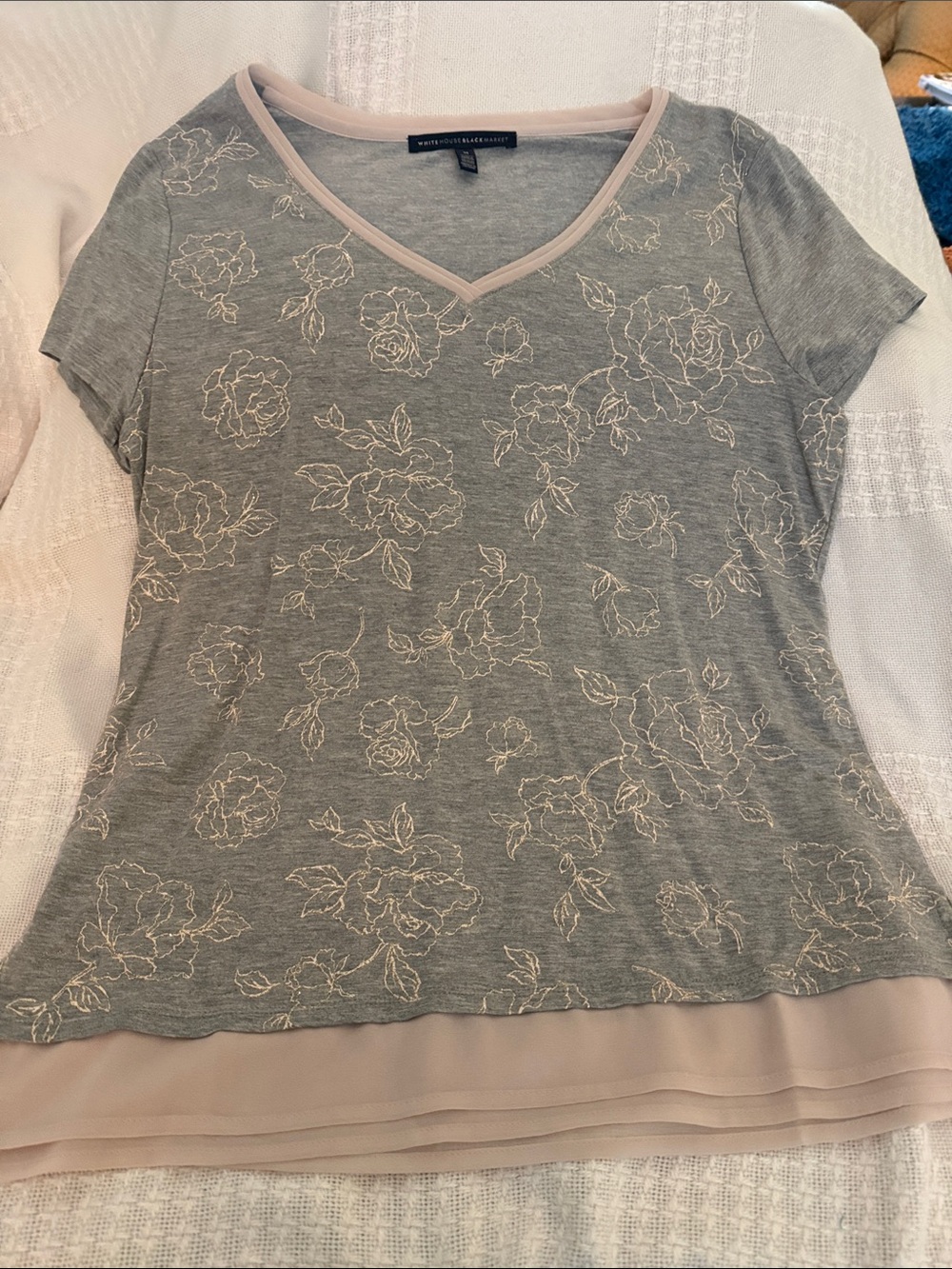 White House Black Market Gray Tee with Cream Floral Stitching and Layered Hem